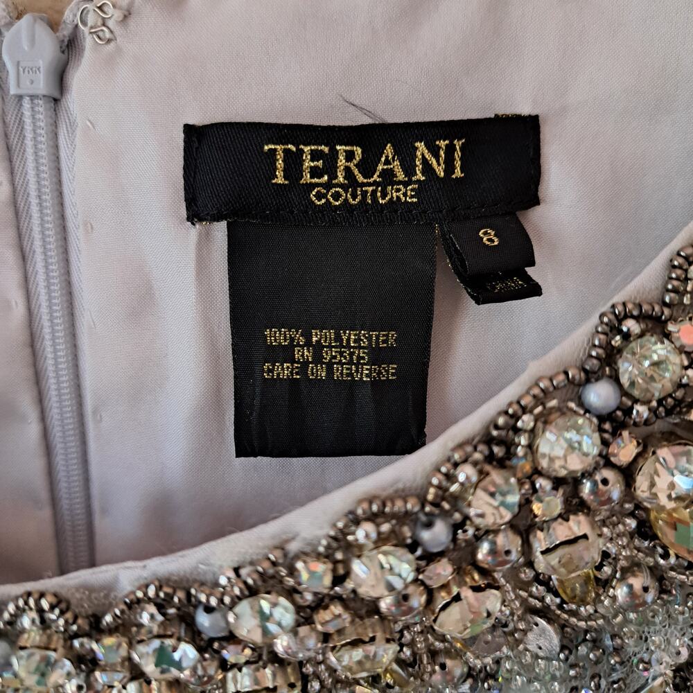 NEW TERANI COUTURE C1042 Cocktail Dress Size 8 Light Silver Beaded Ruched $658 - Picture 7 of 15
